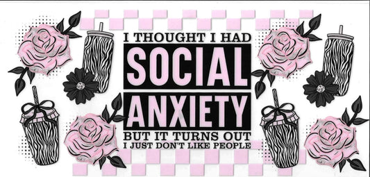 Text graphic with social media icons and flowers on a pink and white checkered background.