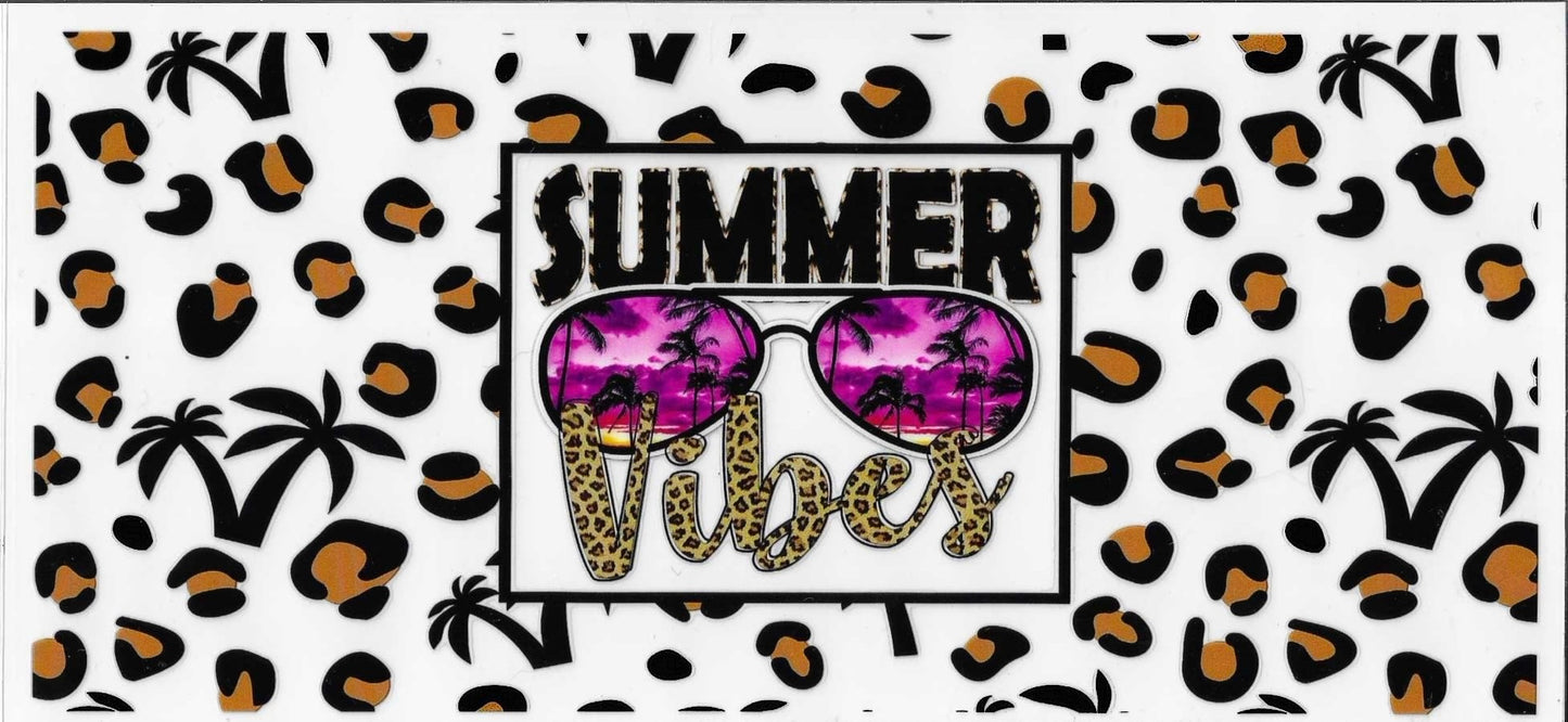 Leopard print pattern with sunglasses and 'Summer Vibes' text on a white background