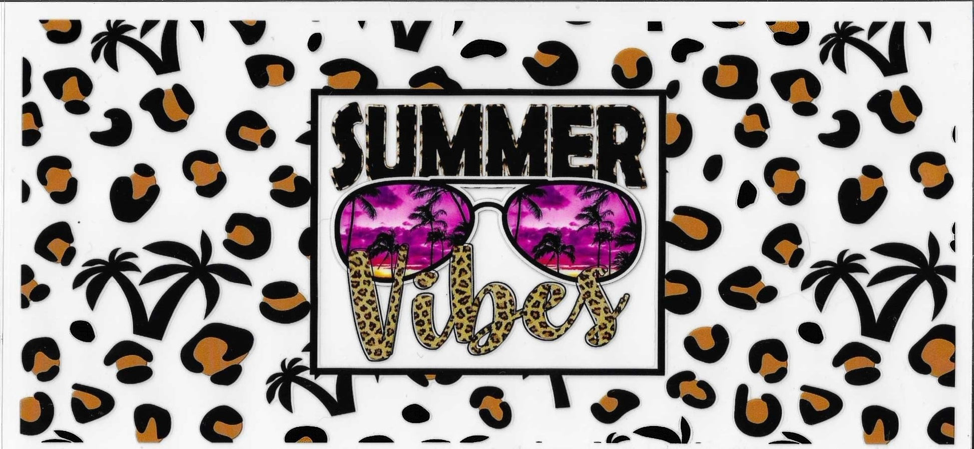 Leopard print pattern with sunglasses and 'Summer Vibes' text on a white background