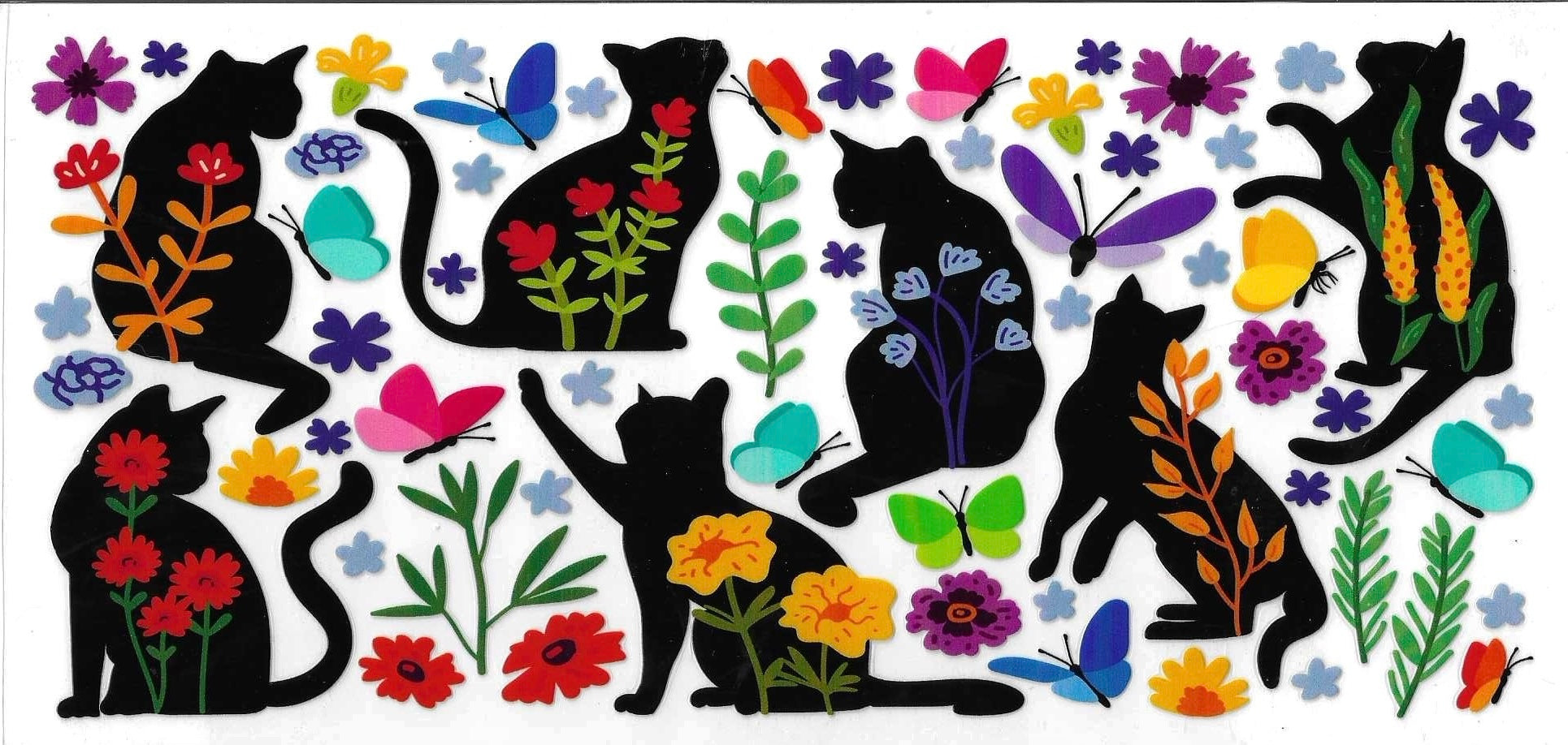 Silhouettes of black cats and colorful flowers with butterflies on a white background
