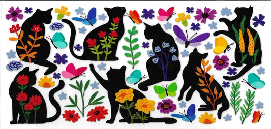 Silhouettes of black cats and colorful flowers with butterflies on a white background