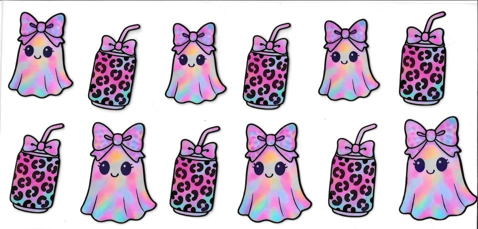 Set of colorful ghost and drink illustrations with bows and straws on a white background