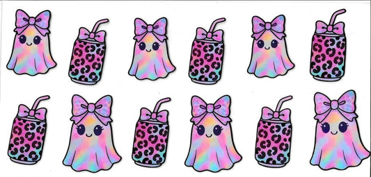 Set of colorful ghost and drink illustrations with bows and straws on a white background