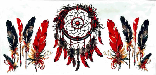 Decorative design with feathers and a central circular pattern on a white background