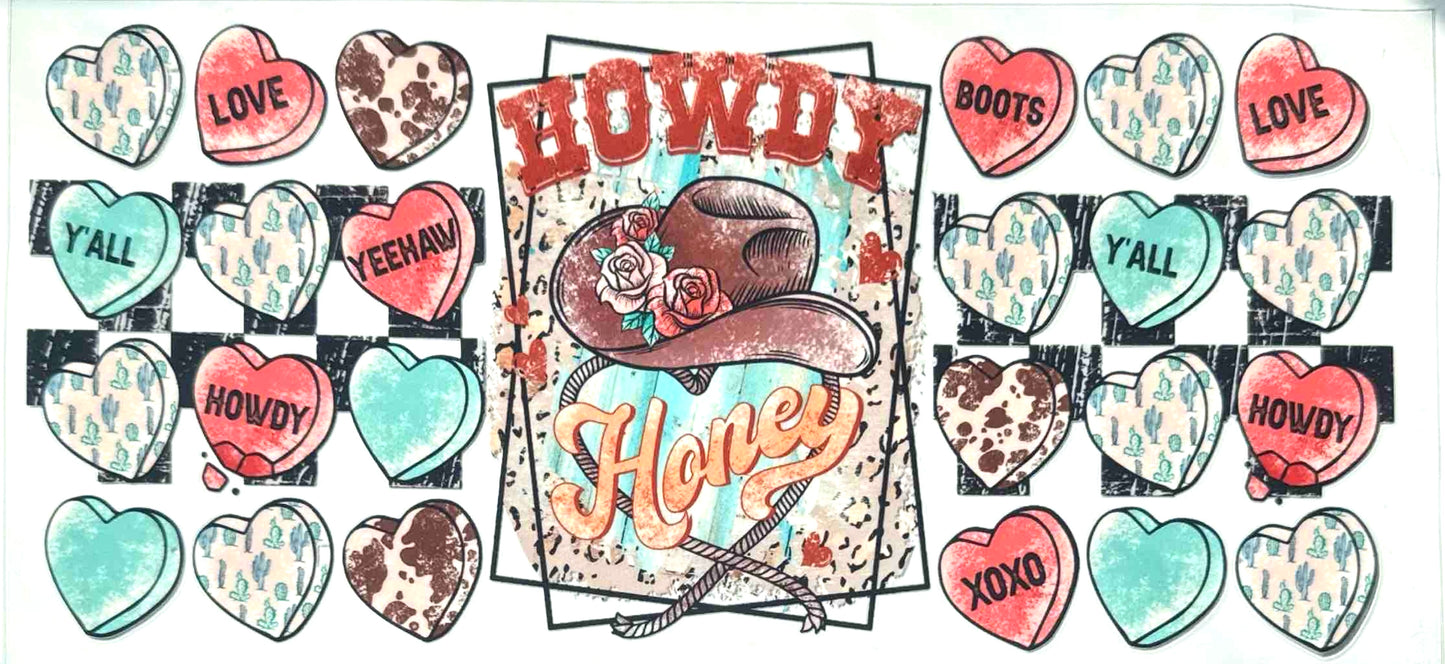 Decorative sticker sheet with cowboy-themed designs, including hearts and text, on a white background.