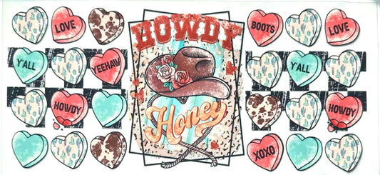 Decorative sticker sheet with cowboy-themed designs, including hearts and text, on a white background.
