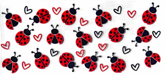 Stickers of red ladybugs and hearts on a white background