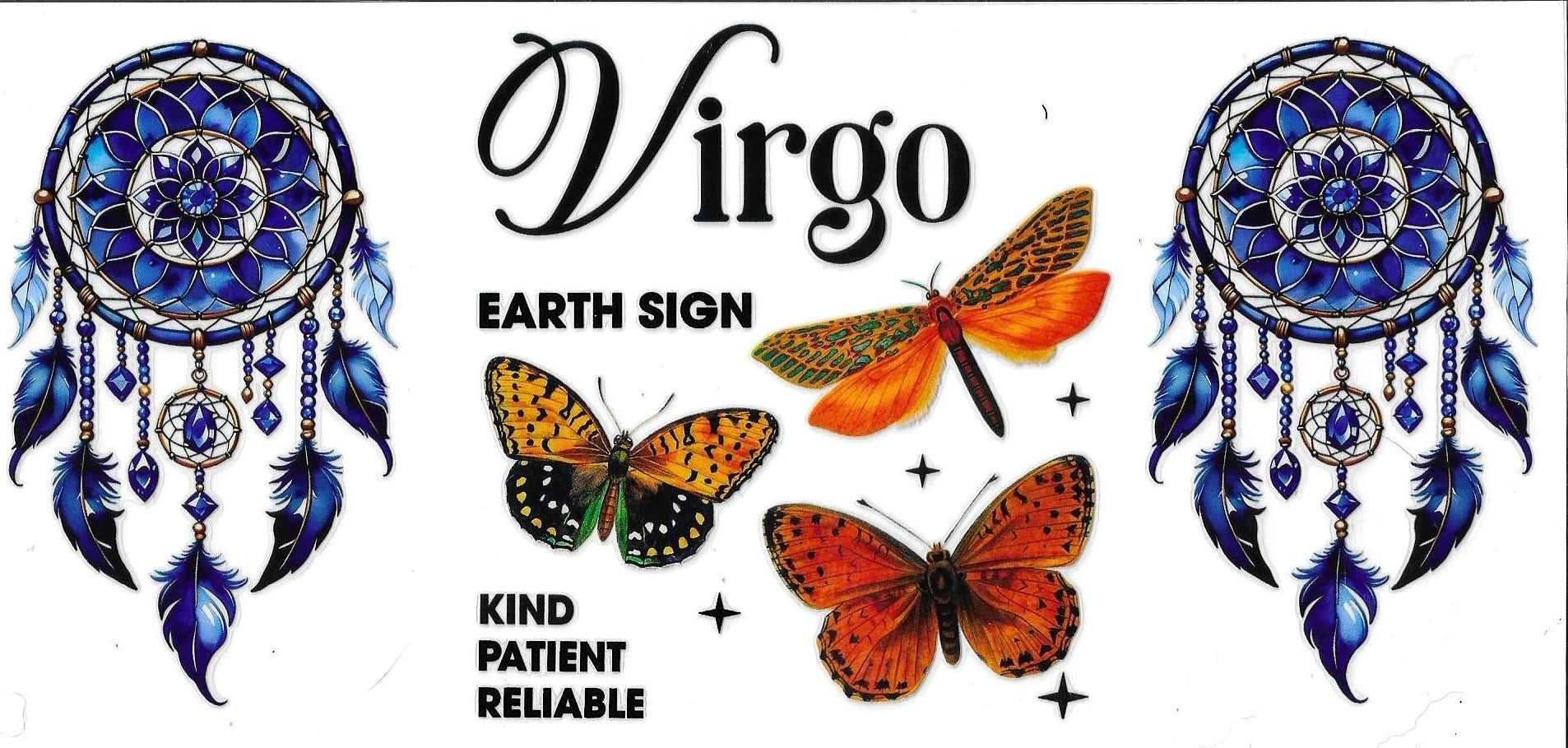 Virgo zodiac sign illustration with dreamcatchers, butterflies, and text on a white background