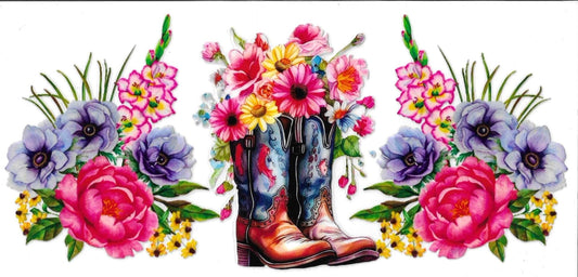 Colorful floral design with cowboy boots surrounded by flowers on a white background