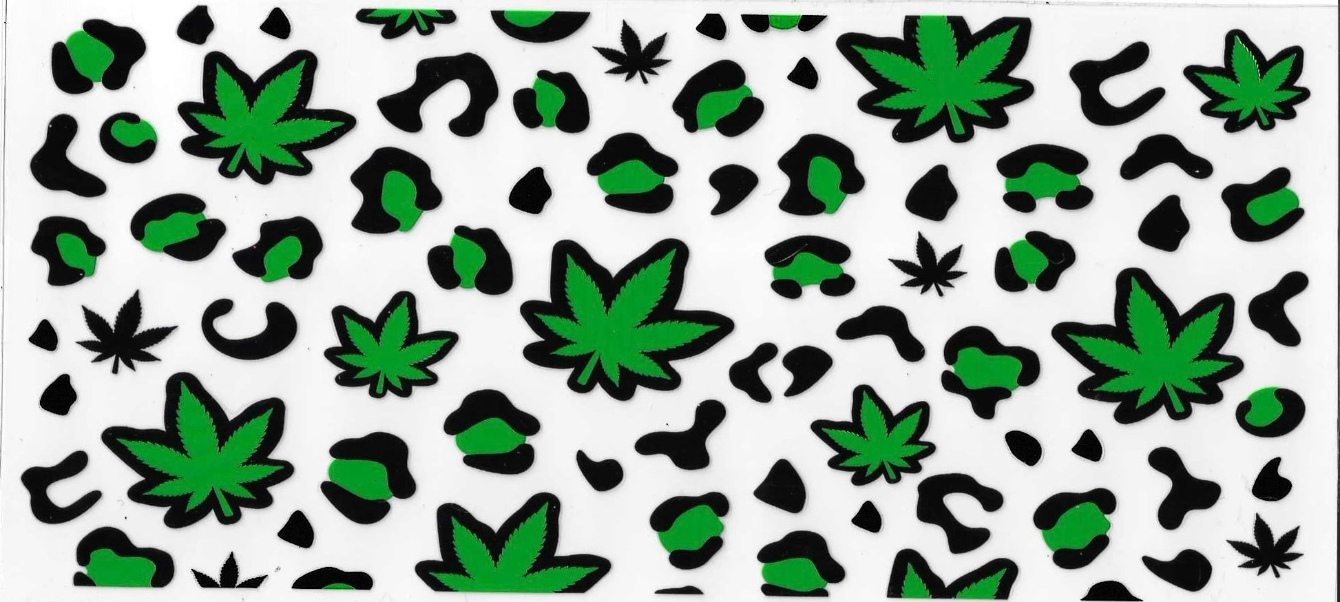 Pattern of green cannabis leaves and black abstract shapes on a white background