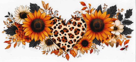 Heart-shaped design with leopard print surrounded by sunflowers and other flowers on a white background